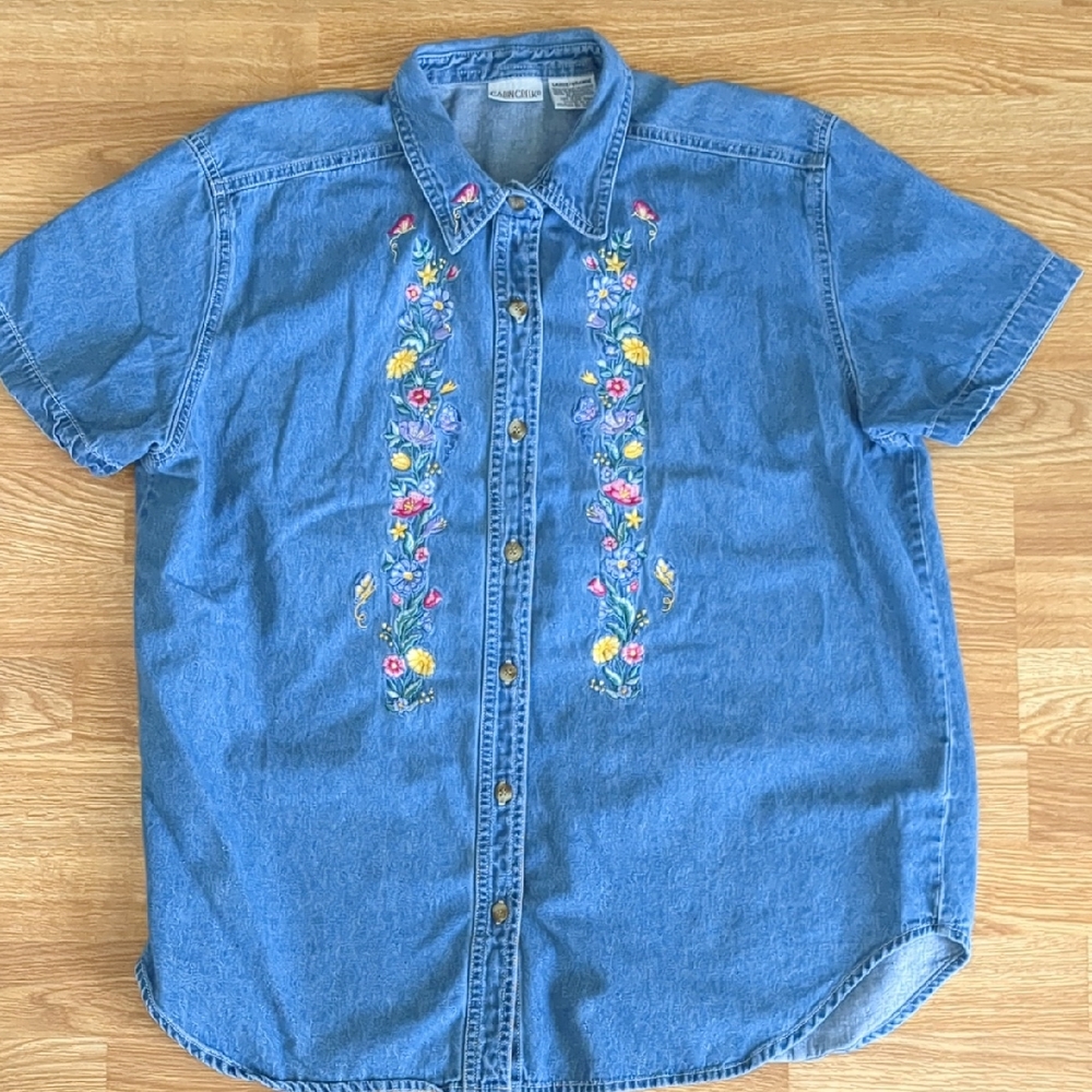 Vintage Denim Floral Women's Short Sleeve Jean Blouse Shirt Size Large
